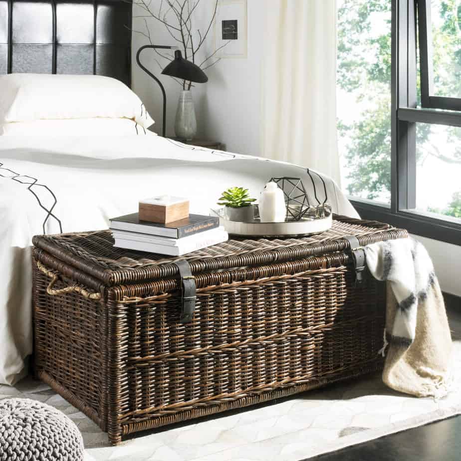 brown wicker storage trunk