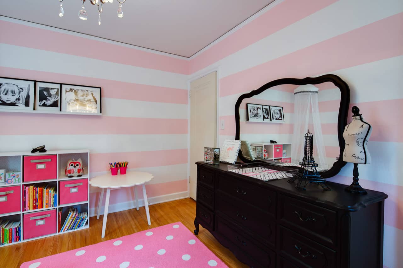 pink and white striped walls