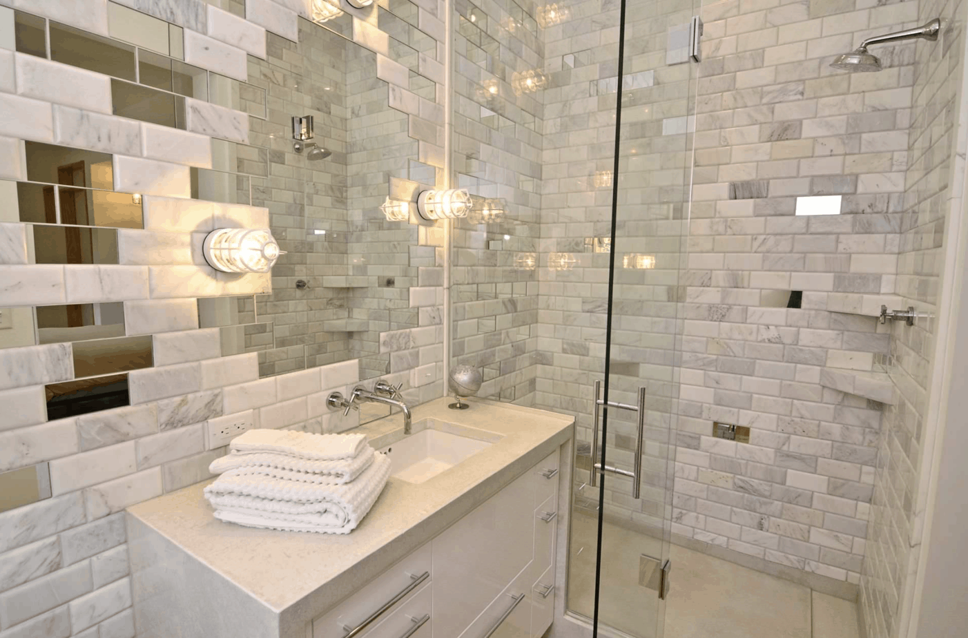 built in subway mirror tiles