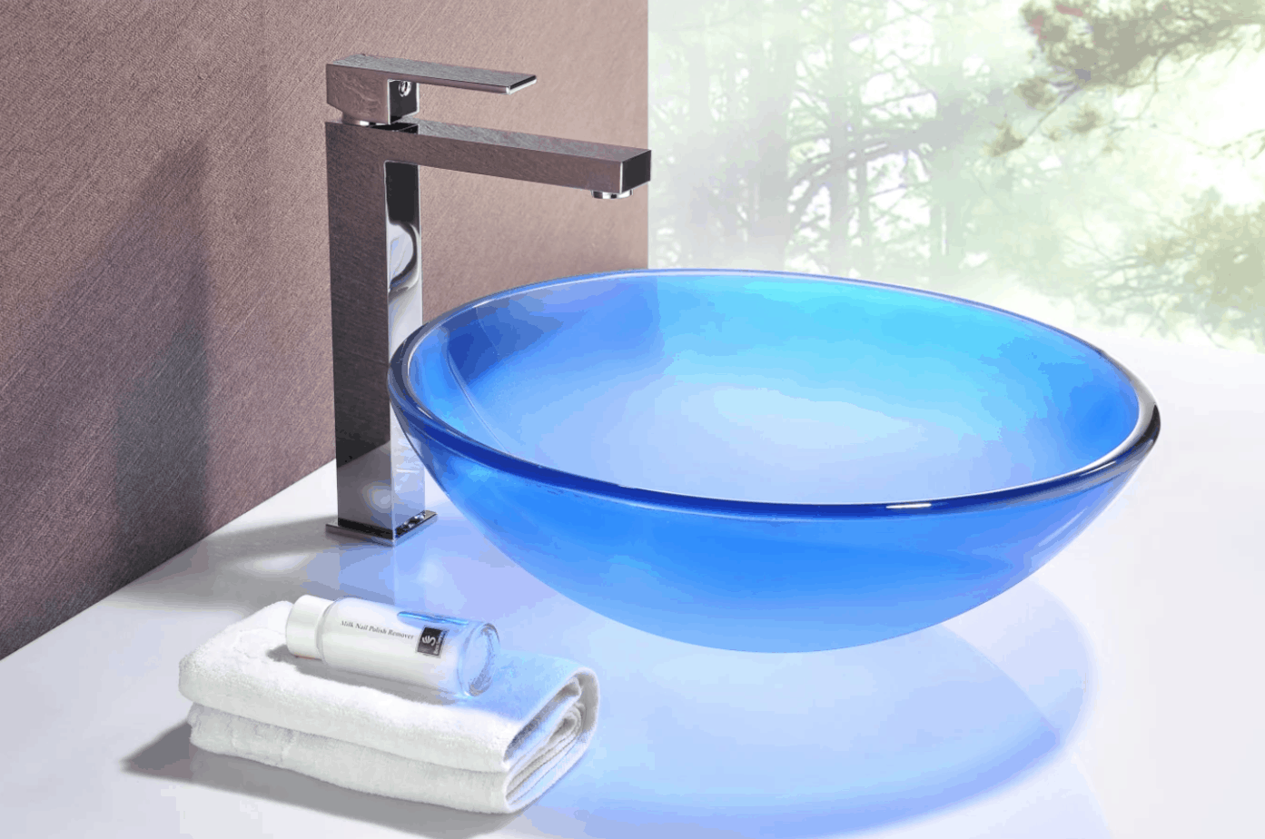 blue glass vessel sink