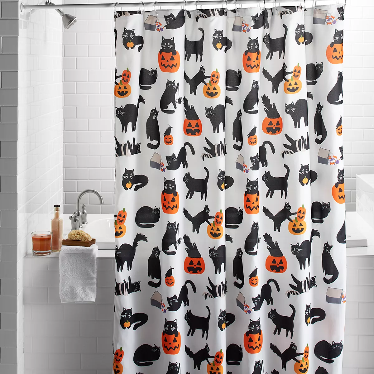 black cats and pumpkins shower curtains