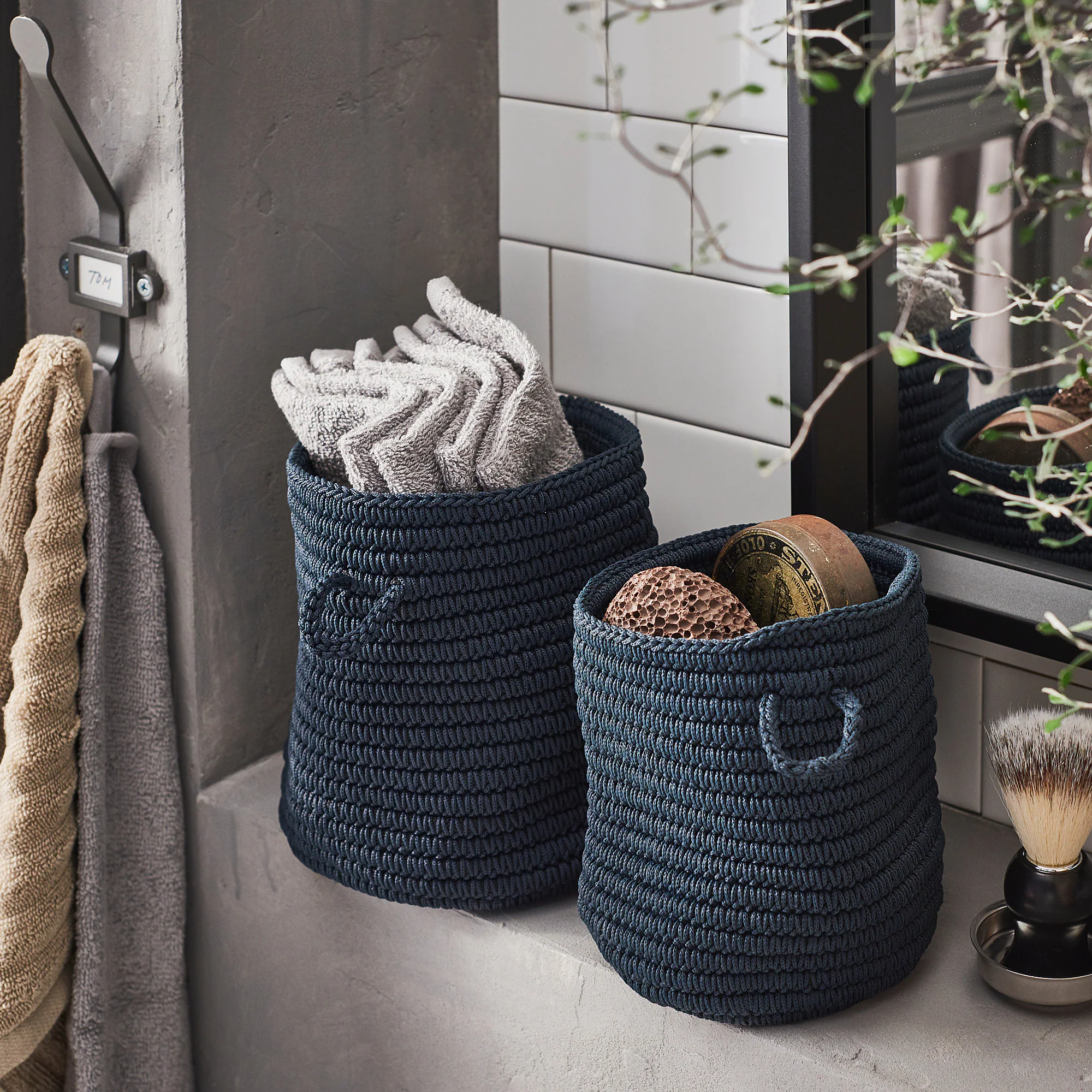 navy blue woven baskets