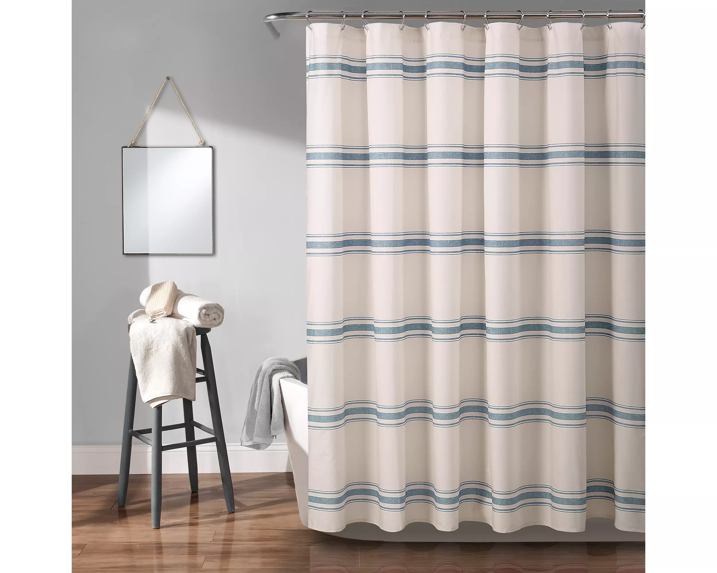 farmhouse blue stripe shower curtain