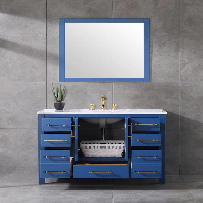 bright blue framed mirror