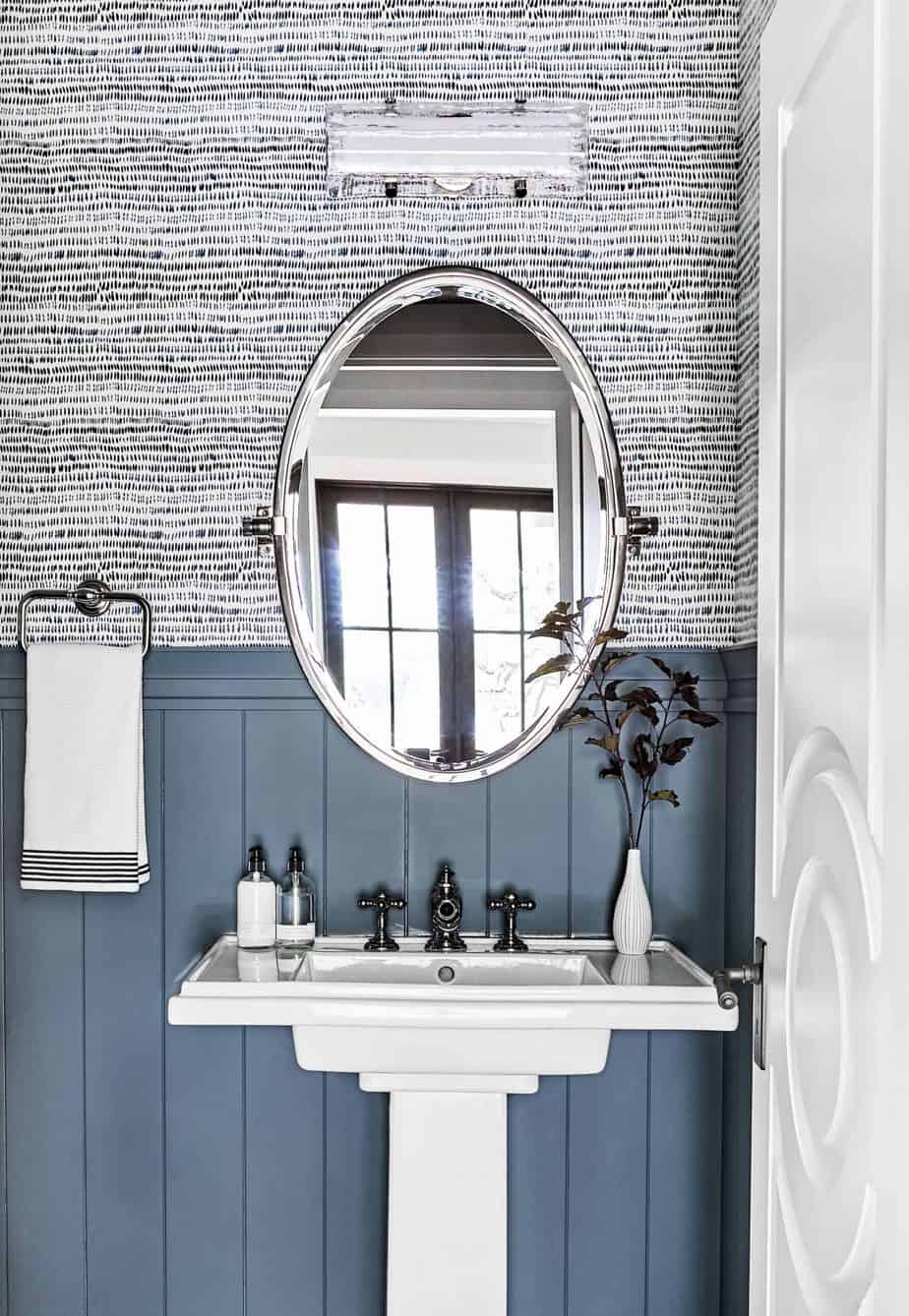 printed wallpaper and painted paneling