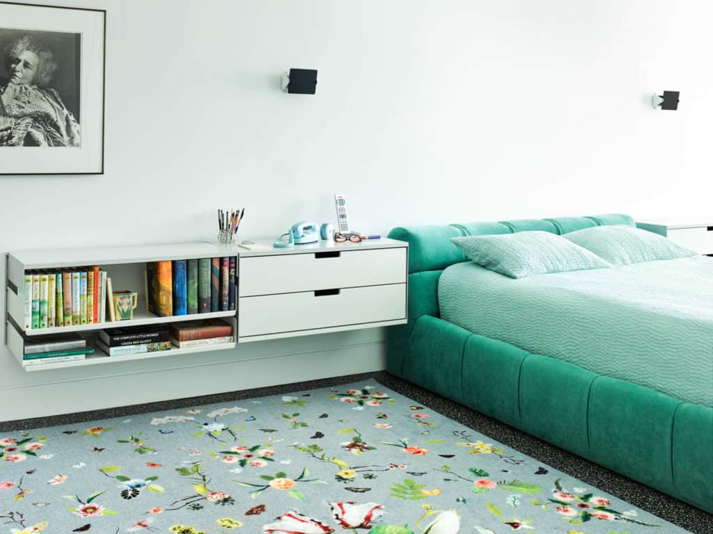 teal fabric upholstered bed frame
