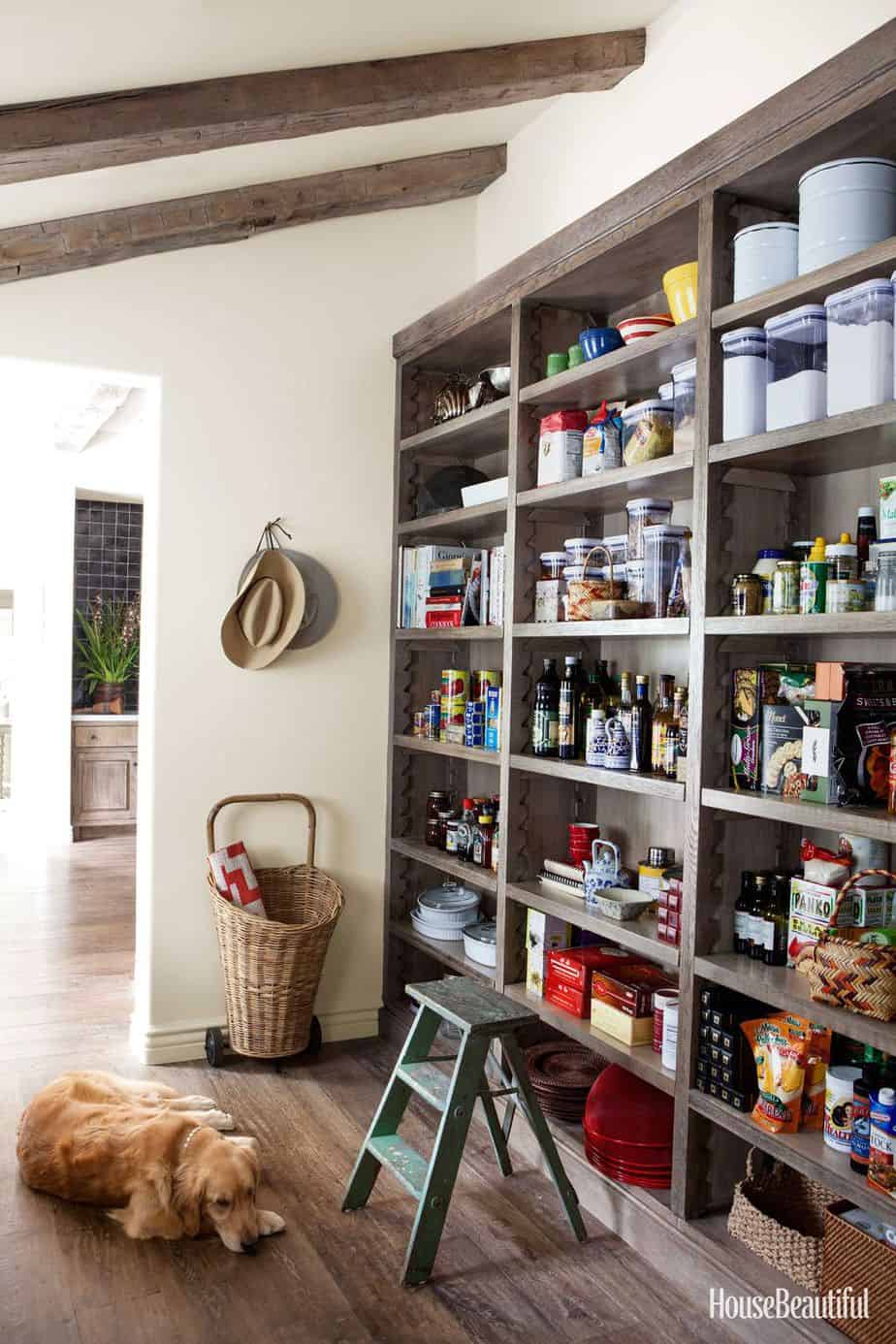 Open wooden shelf wall pantry
