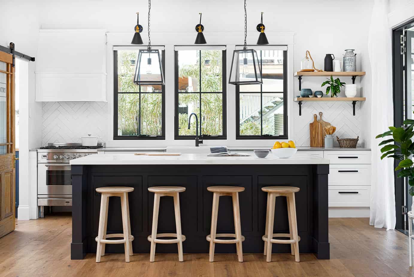 black cabinets with a white counter