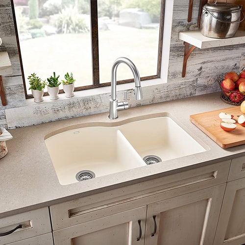10. BLANCO Biscuit Colored Diamond Silgranit Double Bowl Undermount Kitchen Sink