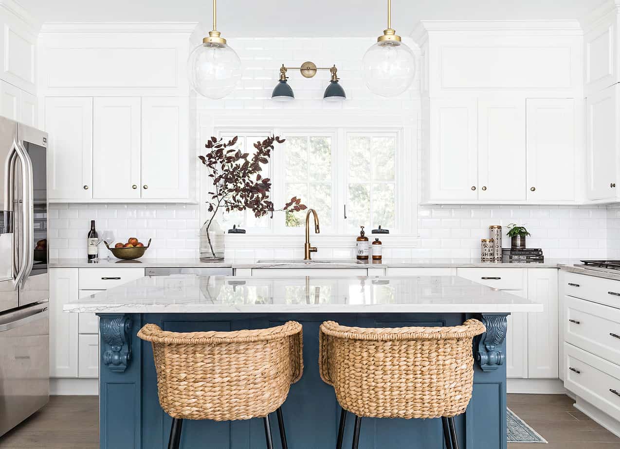 Blue Island And White Cabinets