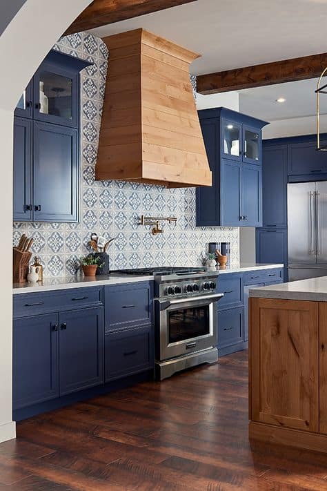 Blue Cabinets Surrounded By Wood