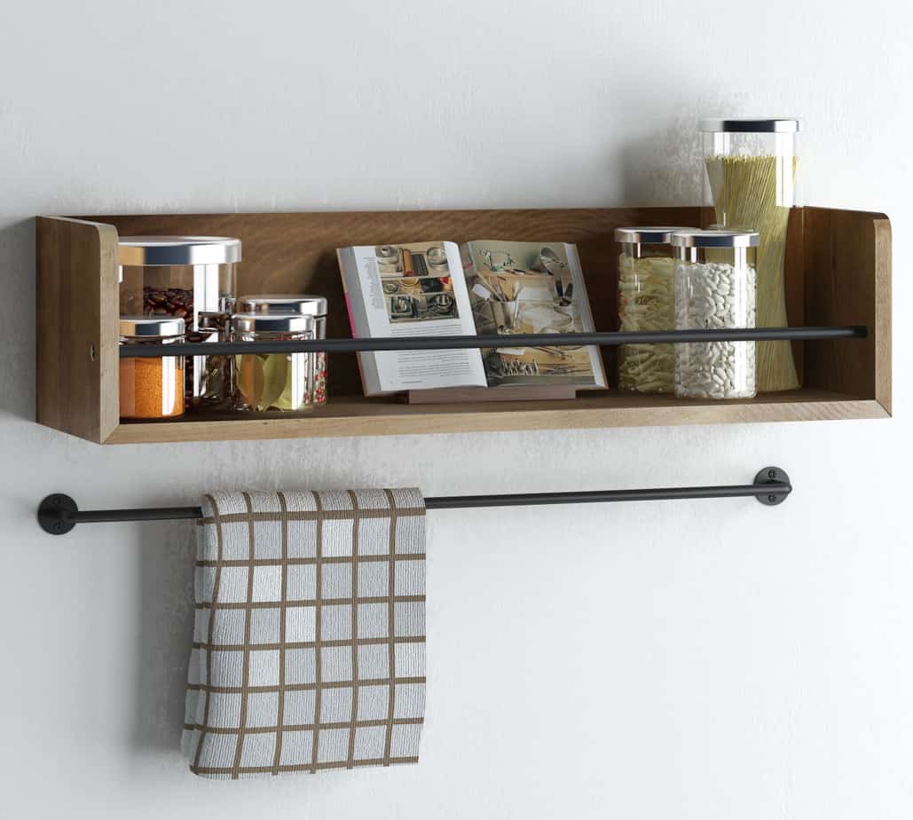 8. Rustic Open Shelves With Wrought Iron Rails