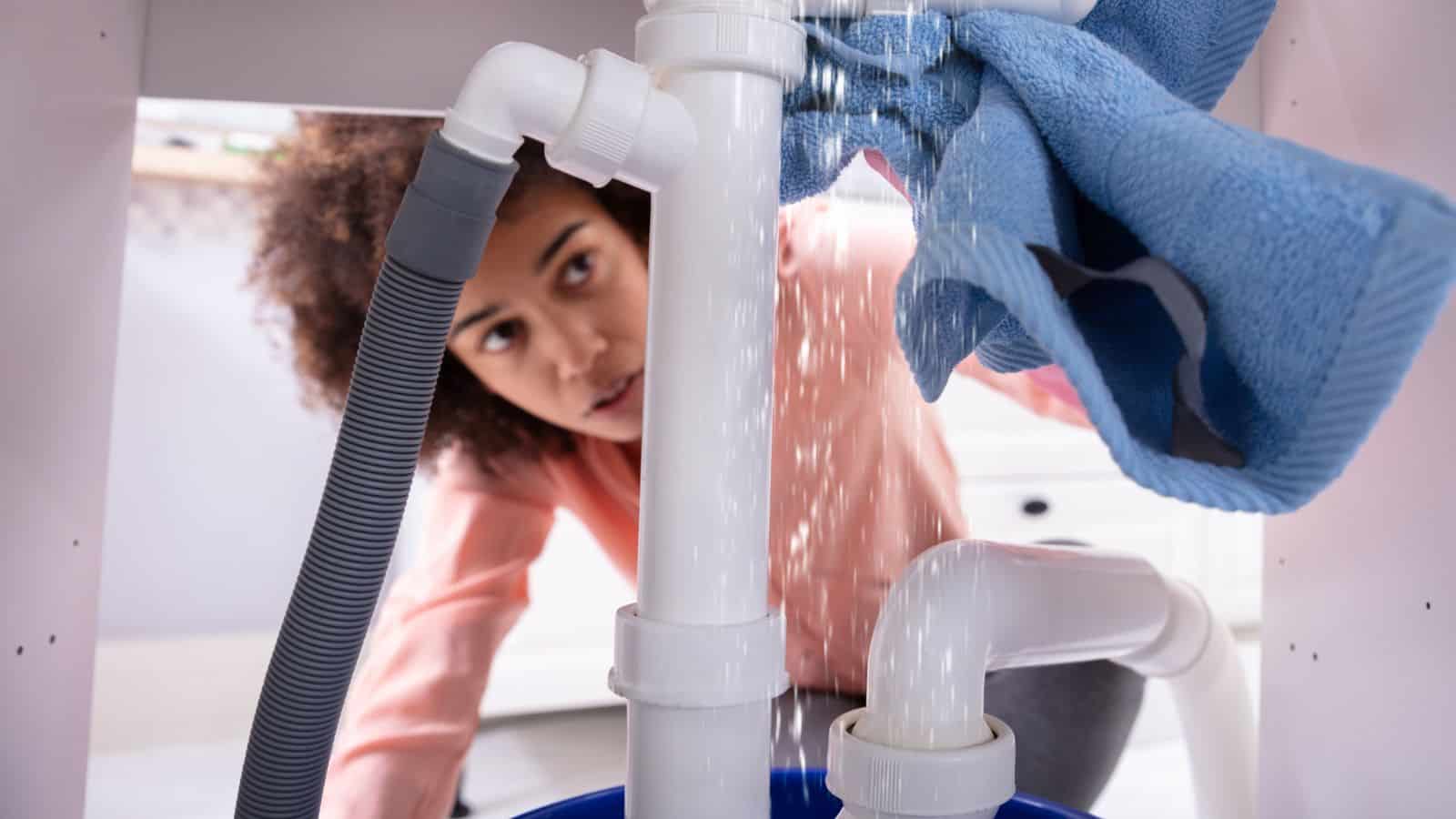 Young woman using soft blue napkin under leakage of white sink pipe