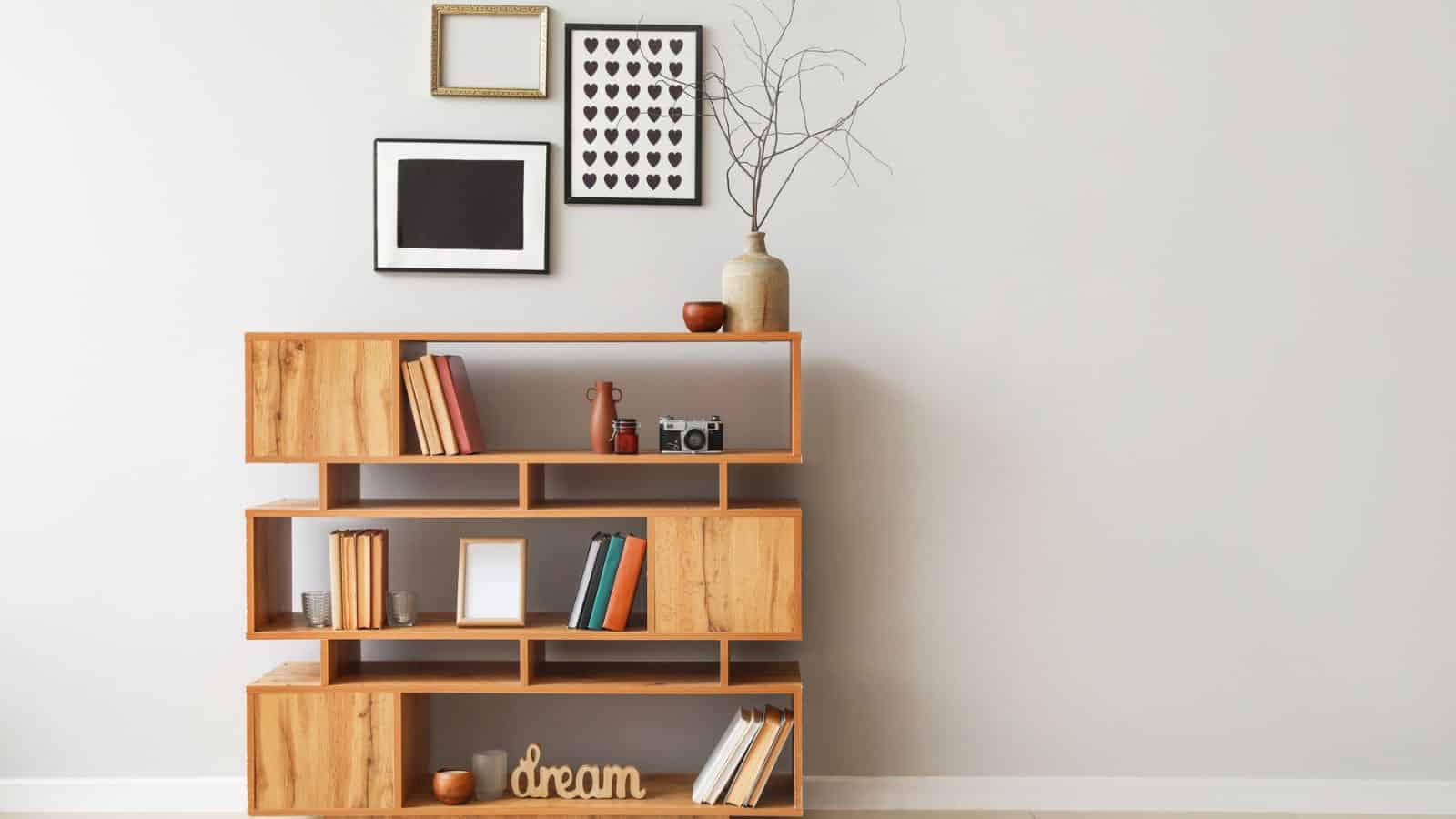 Shelving unit with books and decor in interior of room