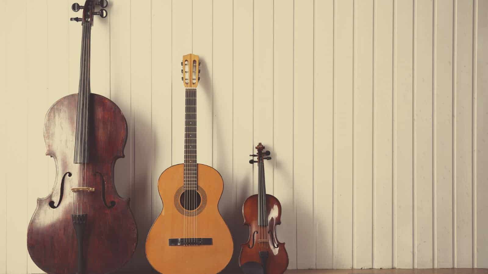 Musical instruments on wooden planks