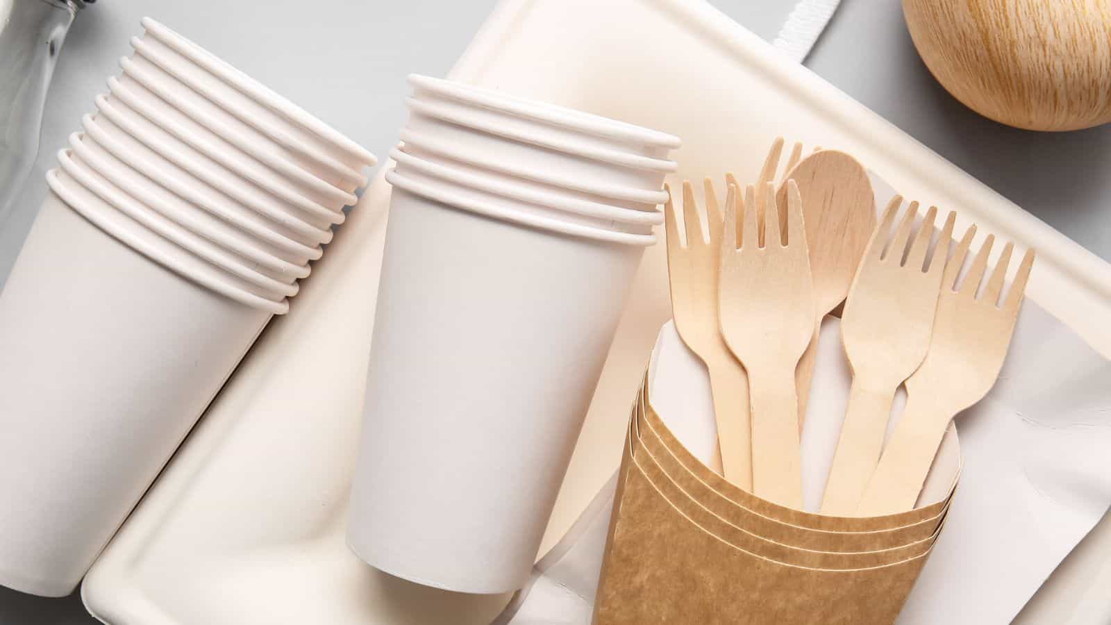 paper plate, cups, spoon, and spork