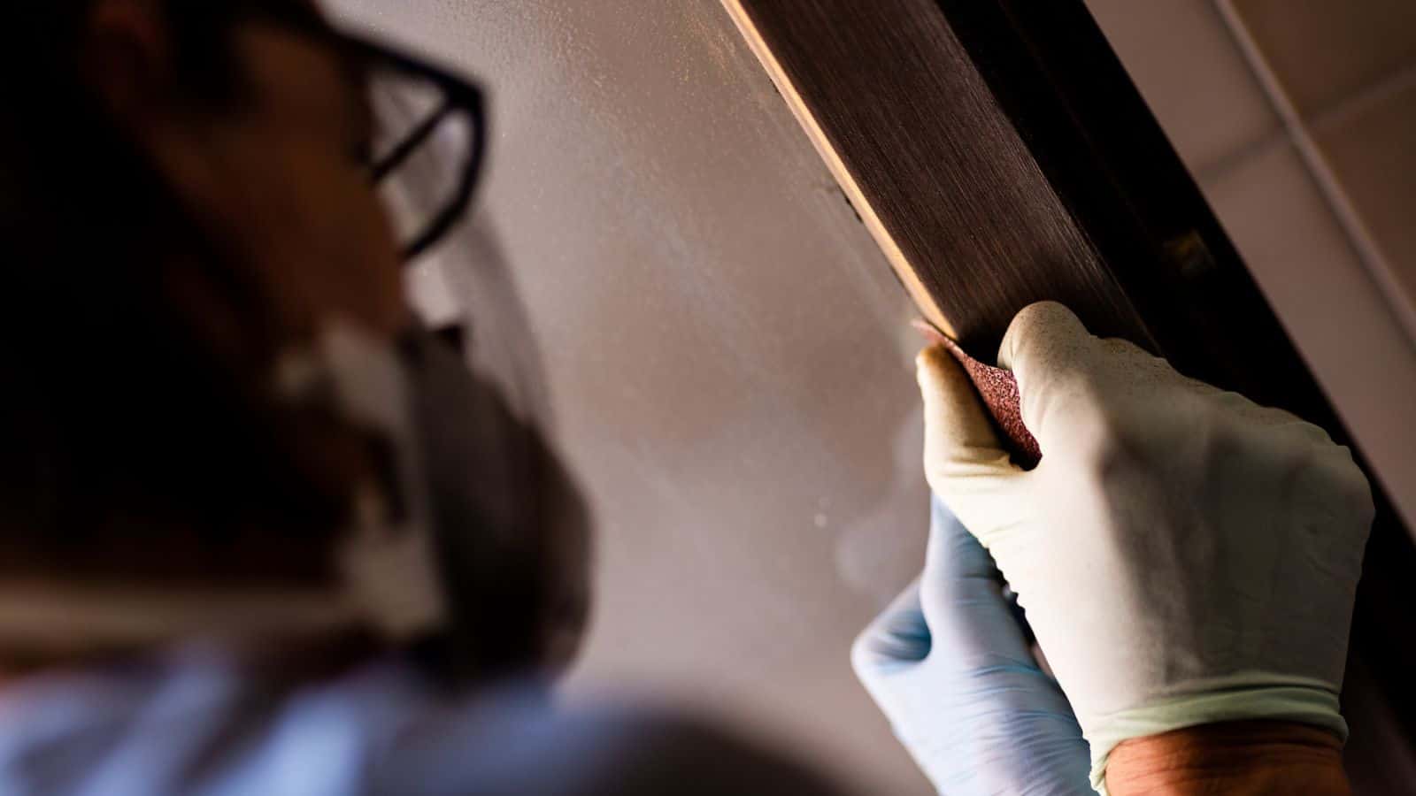 Person in gloves sanding frame around door