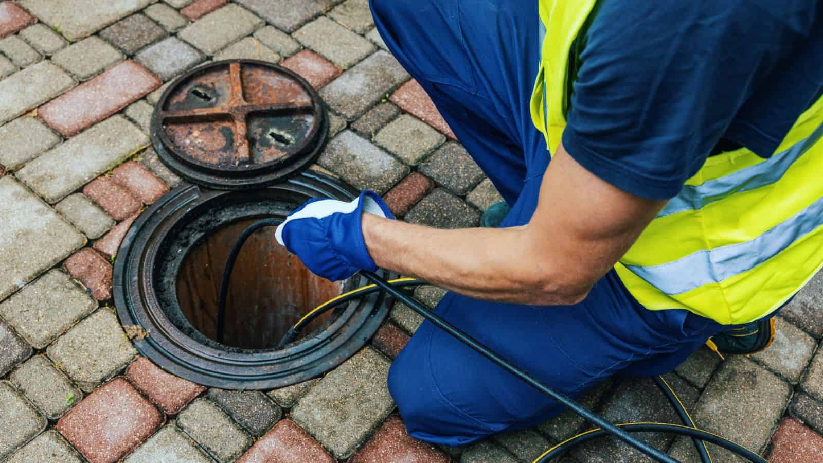 Service worker cleaning blocked sewer line with hydro jetting