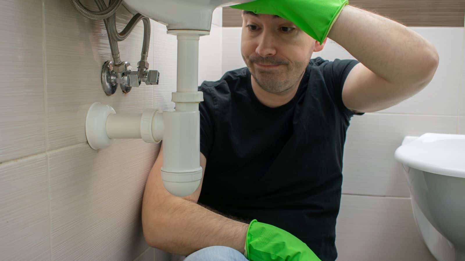 male man unhappy and tired sink pipe repair that is slow draining